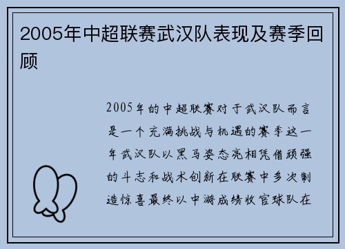 2005年中超联赛武汉队表现及赛季回顾