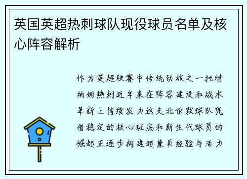 英国英超热刺球队现役球员名单及核心阵容解析
