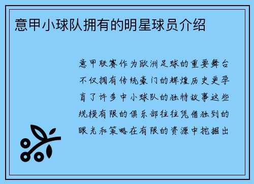 意甲小球队拥有的明星球员介绍
